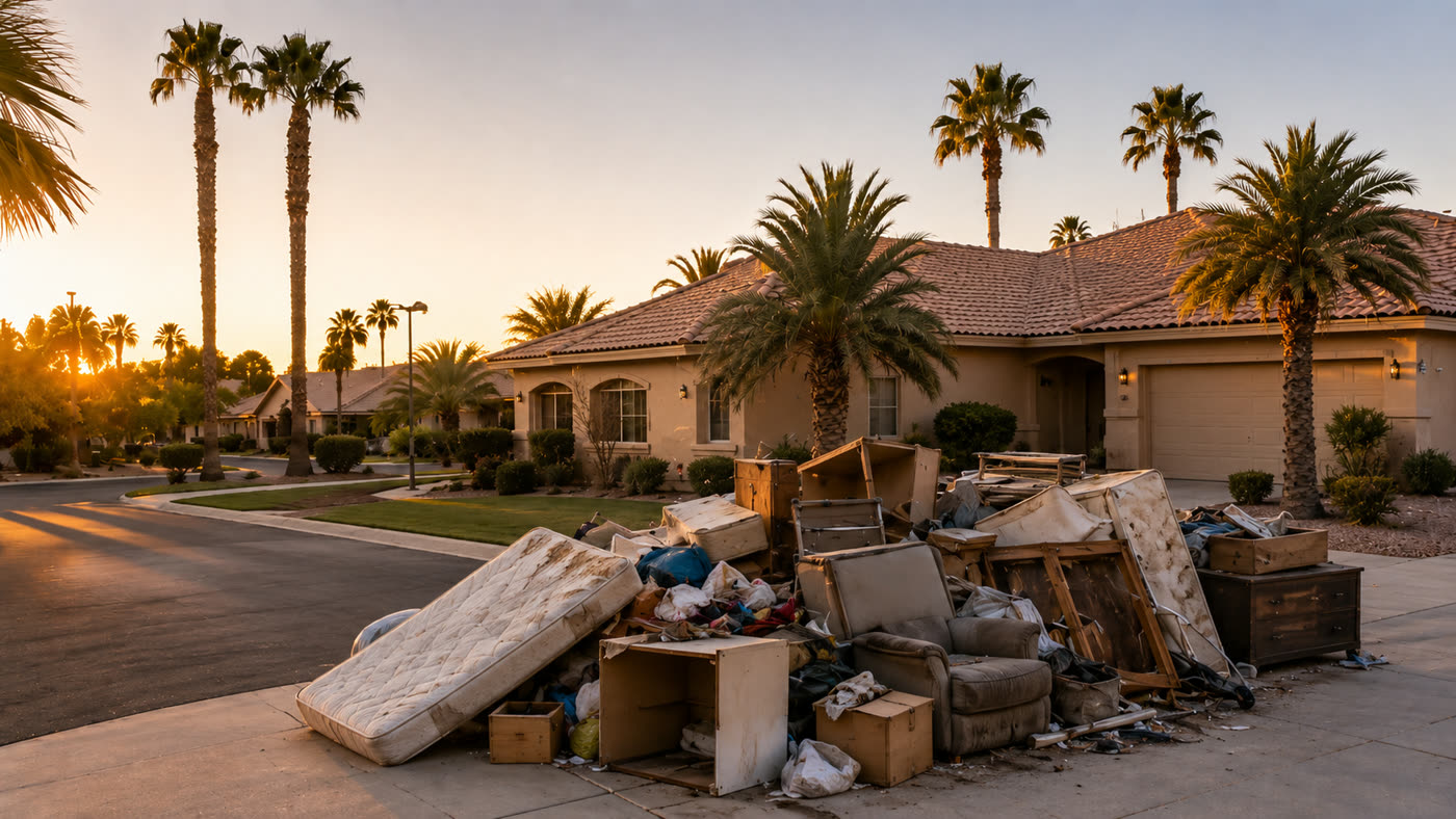 Household furniture, mattresses, boxes, and clutter staged on a suburban Arizona driveway ready for removal
