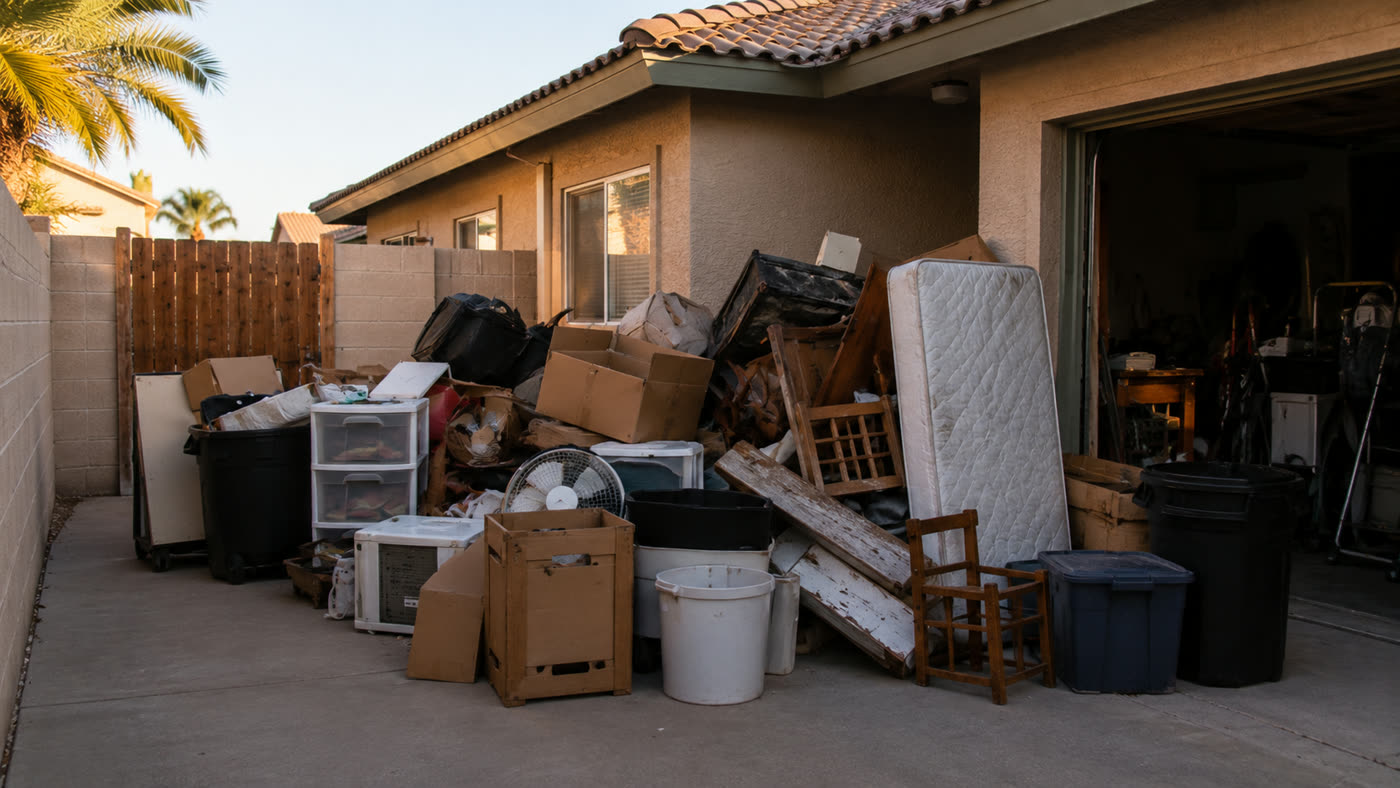 Cluttered garage packed with old appliances, boxes, a lawn mower, and household junk
