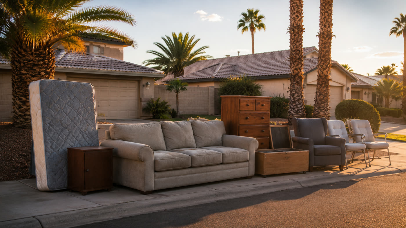Old brown leather sectional couch and mattress set out at the curb for furniture removal