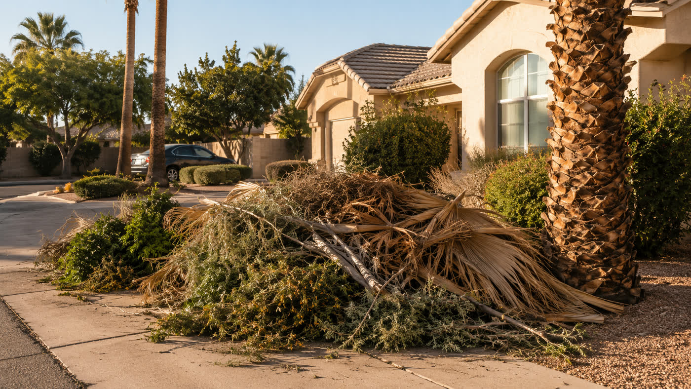 Pile of palm fronds, tree branches, and bagged yard waste next to a black wheeled bin in an Arizona backyard
