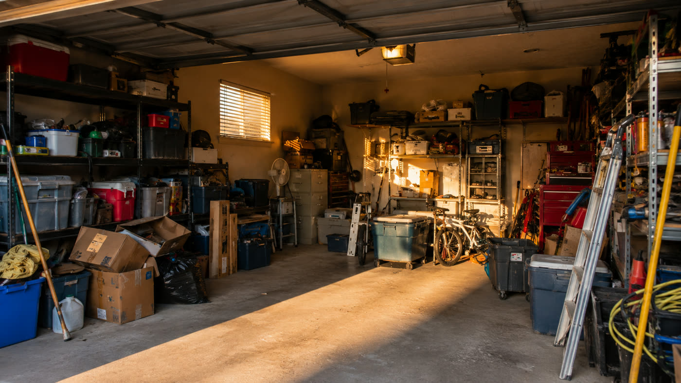 Cluttered residential garage packed with boxes, bins, and stored household items