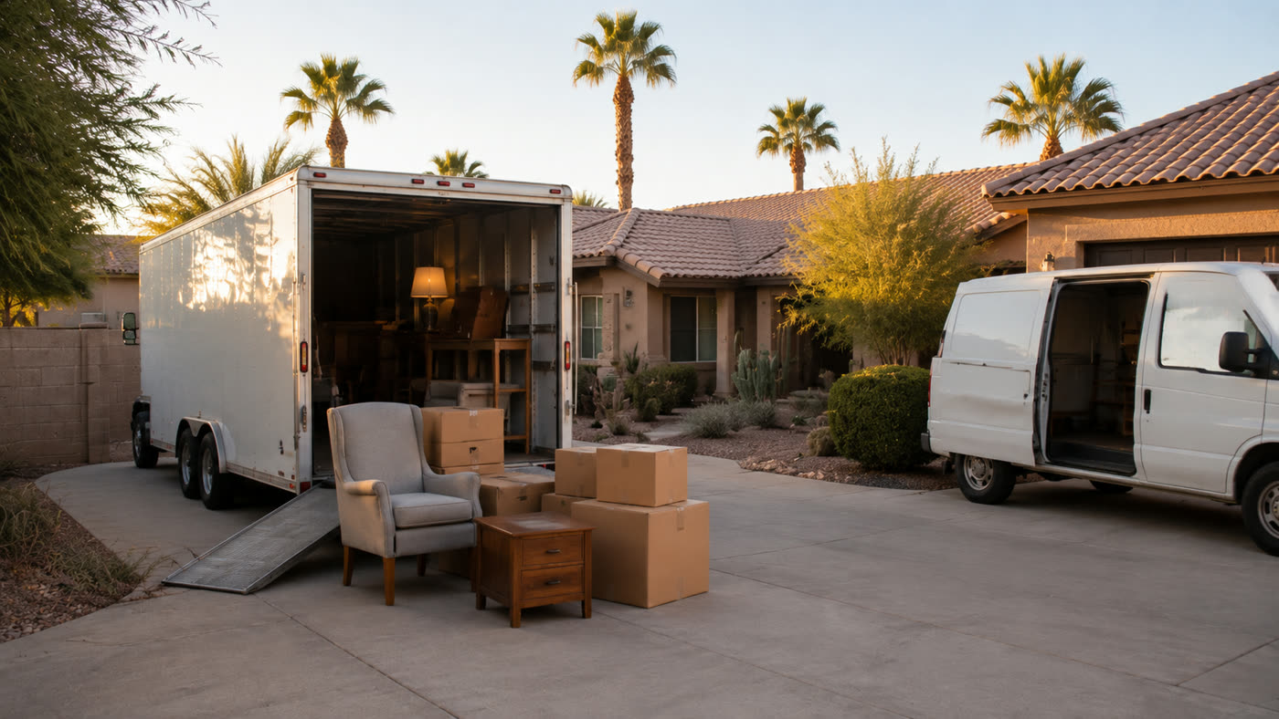 Moving boxes, an armchair, and a floor lamp on a residential driveway next to an unmarked box truck